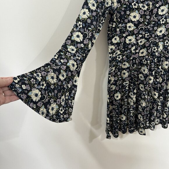 AEO SOFT & SEXY Dress S Floral Knit Navy Fit & Flare Bell LS Keyhole Flowy Cut - Picture 3 of 12